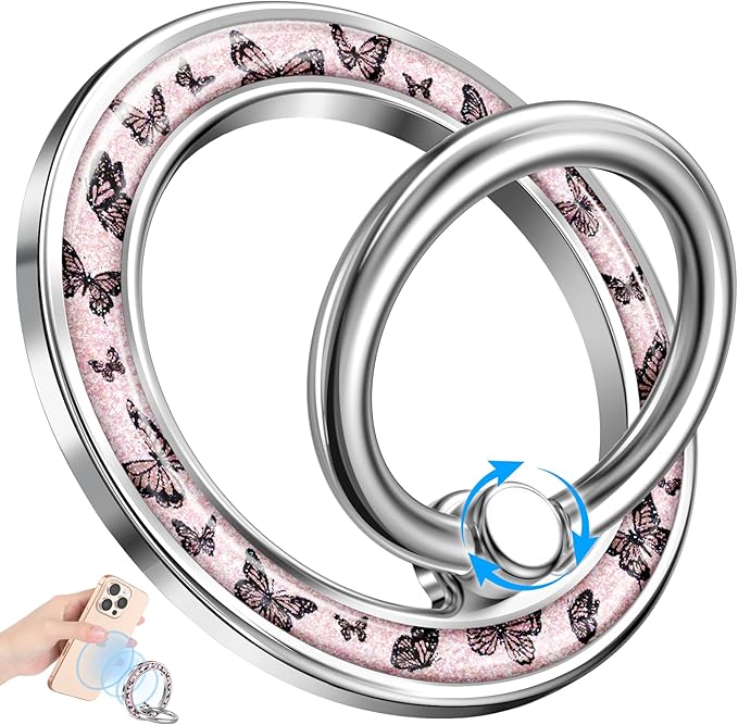 Magnetic Phone Ring Holder Compatible with MagSafe - Cell Phone Grip Magnet Removable Finger Ring Grip Stand Cute Girly Kawaii Design for iPhone 17 Pro Max 16 15 14 13 12 Series Butterfly