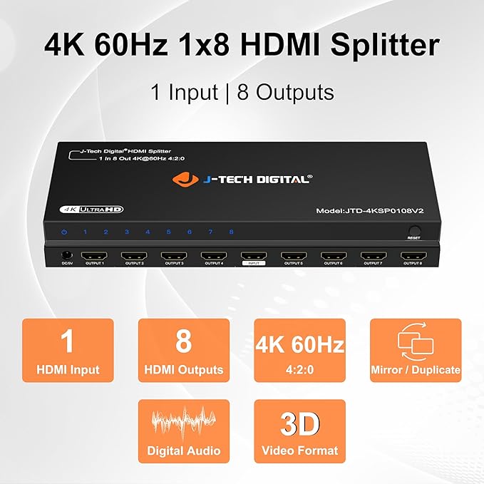 HDMI Splitter 1 In 8 Out 4K 60Hz Premium Quality 4K Ultra HD, HDMI Splitter for Multiple Monitors Duplicate/Mirror by J-Tech Digital [JTD4KSP0108]