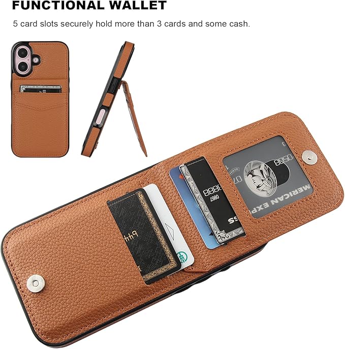 KIHUWEY Compatible with iPhone 16 Case Wallet with Credit Card Holder, Flip Premium Leather Magnetic Clasp Kickstand Heavy Duty Protective Cover for iPhone 16 6.1 Inch (Lichee Light Brown)
