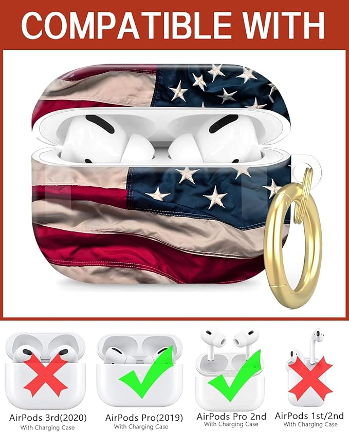 Compatible with Airpod Pro 2nd/1st Generation,Full Protection Cover for Women,Accessories Hard Case Portable & Shockproof for Airpod Pro 2nd Charging Case 2023/2022/2019(Retro American Flag)