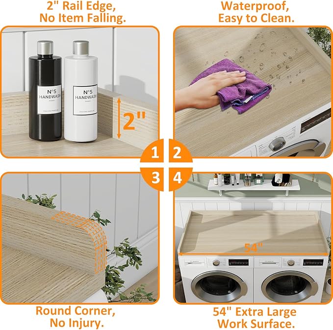 Washer Dryer Countertop, 54" Width * 27.4” Depth Washer and Dryer Covers for The Top for Laundry Room Organization, Washer and Dryer Countertop Shelves, Oak