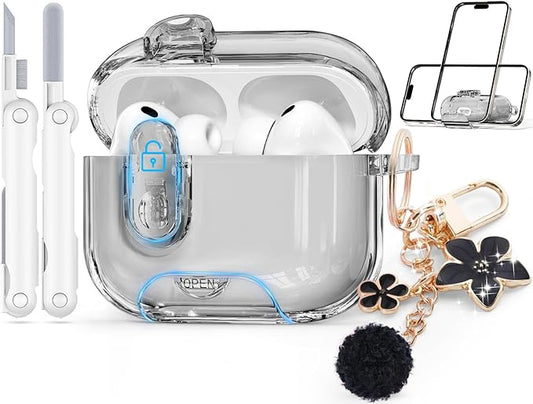 Clear Case for AirPods Pro 3 Case Cover with Safety Lock,Soft TPU Cover with Phone Stand & Cleaning Ki,Cute Bling Keychain for Women Girls-Clear Black