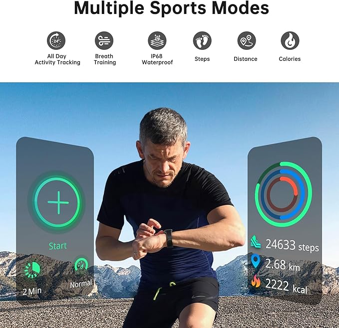 Health Fitness Tracker, Smart Watch with 24/7 Heart Rate and Blood Oxy-gen Monitor, Sleep Tracker with IP68 Waterproof, Activity Tracker Pedometer Step Counter for Women Men (Black)