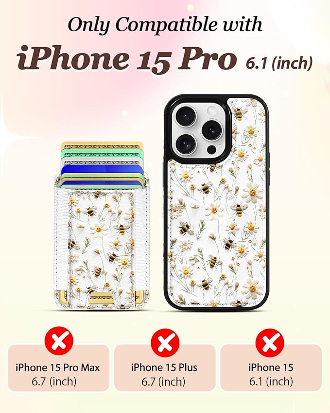 Shorogyt for iPhone 15 Pro Wallet Case - Fits 5 Cards, Compatible with Magsafe Detachable Magnetic Credit Card Holder Leather Cardholder Cute Phone Cover Women Girls for Apple 15Pro, Bee Flower