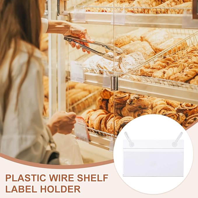 PATIKIL 3.5" x 2.2" Basket Labels Holders, 30 Pack Reusable Plastic Wire Shelf Label Holder Tag Display Clip with Button Lock with Paper Inserts Pens for Home Market Store, Clear