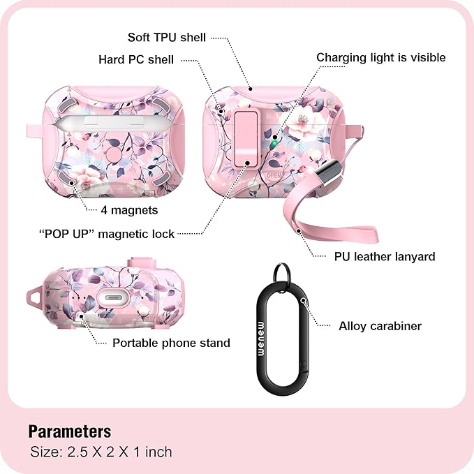 wenew Compatible with AirPods Pro 3 Generation (2025) Case Cover with Phone Stand, Cleaning Kit, Lanyard, Compatible with Magsafe, Magnetic Automatic Lock iPod Pro 3 Case (Pink 2, AirPods Pro 3)