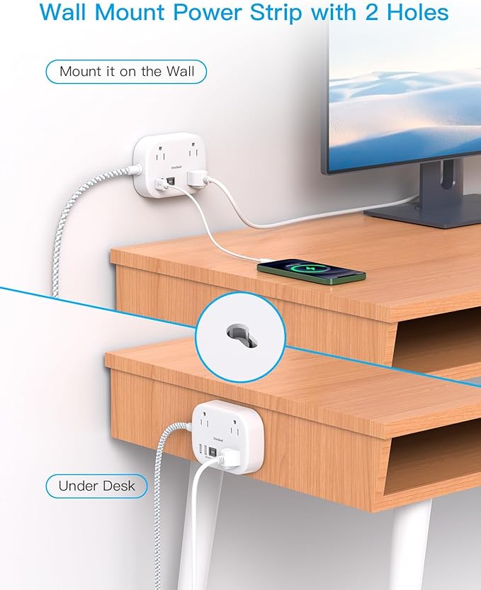 One Beat Cruise Ship Essentials,Travel Power Strip with USB C,Flat Plug Extension Cord 10 FT with 3 Outlets 4 USB Ports(2 USB C),Desk Wall Outlet Extender,Non Surge Protector for Cruise,Dorm Room,ETL