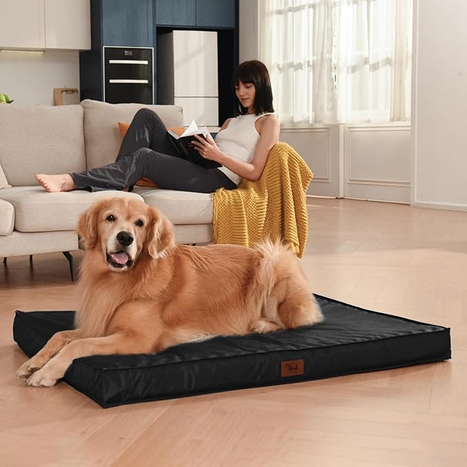 Outdoor Dog Bed for Medium Dogs, Waterproof Dog Crate Mat Orthopedic Egg Crate Foam Pet Bed with Washable Removable Oxford Cover, Black