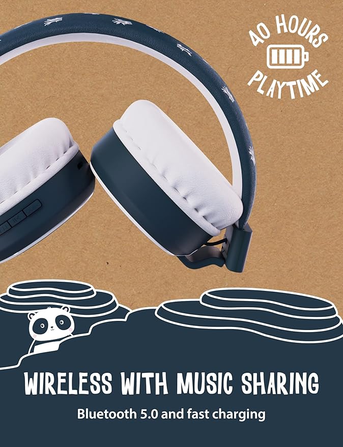 Planet Buddies Panda Kids Headphones Wireless, On Ear Bluetooth Headphones for Kids with Microphone, 85dB Volume Limiter, Cute Foldable Earphones for Tablets and Phones, Travel, School & Music