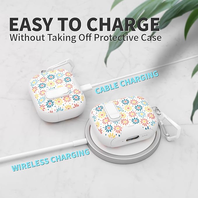 for AirPods Pro 3 Case(2025) with Secure Lock Clip and Phone Stand,Floral Girly Style Protective Cover with Cleaning Kit and Hand Strap for Apple AirPod Pro 3 Generation (Sun Petals)
