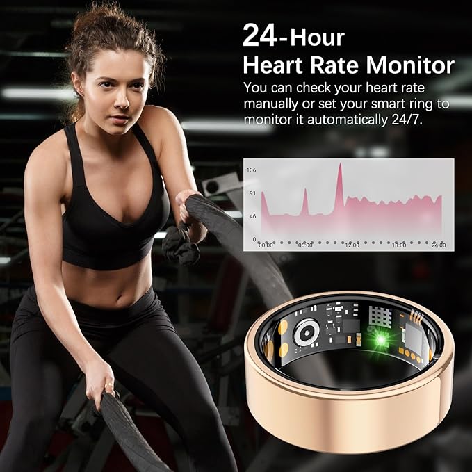 Ring Health Tracker for Women Men, Fit Ring with Heart Rate, Blood Oxygen, Sleep Monitor, Calories, Step Counter, IP68 Waterproof Smart Ring for iPhone & Android, No Subscription Fee (Rose Gold, 11#)