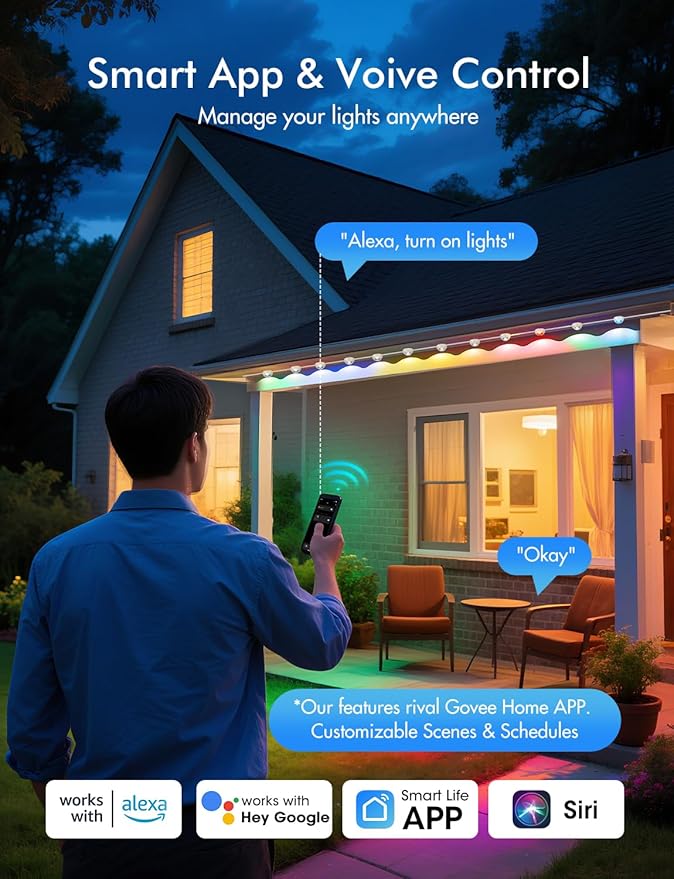 Permanent Outdoor Lights, 124 FT with 72 RGB LED for Daily and Accent Lighting, 63 Scenes and DIY Mode for Christmas, IP67 Waterproof, Compatible with Alexa, Google Assistant