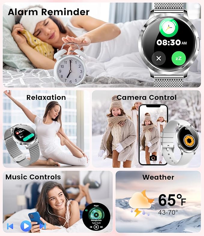 DREMAC Smart Watch(Make Call/Thin),1.32'' Amoled Curved Display for Android iPhone,Smart Watches for Women with Heart Rate Monitor,Sleep Monitor,Pedometer,IP68 Waterproof Fitness Tracker,Silver Metal
