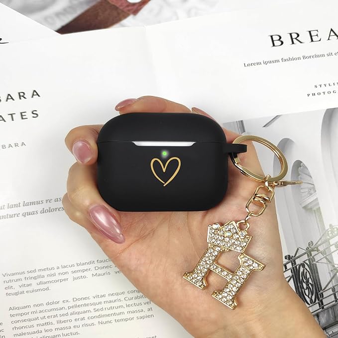 Compatible with AirPods Pro 3 Case Cover (2025), Soft Silicone Case with Gold Heart Pattern for AirPods Pro 3rd Generation Case with Rhinestone Studded Letter A-Z Keychain (H Black)