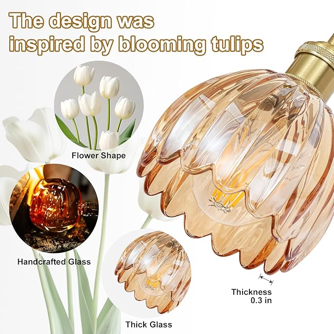 Vintage Bathroom Light Fixtures,4-Light Hardwired Vanity Lights Over Mirror,Gold Wall Sconces with Amber Tulip Glass Shade for Bathroom Living Room,E26 Socket(Bulbs Not Included)