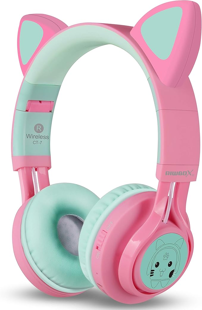 Riwbox CT-7 Cat Ear Bluetooth Headphones, LED Light Up Bluetooth Wireless Over Ear Headphones with Microphone and Volume Control for Travel/School/Smartphones/Laptop/PC/TV (Pink&Green)