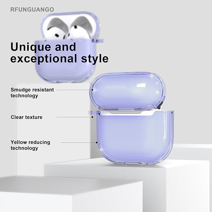 RFUNGUANGO AirPods 4 Case Clear, Soft TPU Transparent with Cleaning Kit & Keychain, Compatible with Magsafe, Compatible Apple AirPods 4 (2025) Generation Protective Case, Purple