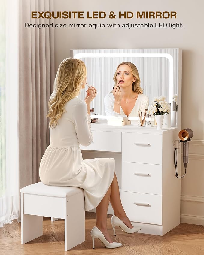 Makeup Vanity Desk Set, White, 35.4“W x 15.7" D x 53.9" H (Large Smart LED Mirror, with Cushion Stool, Hairdryer Rack, Power-Outlet, 4 Drawers)
