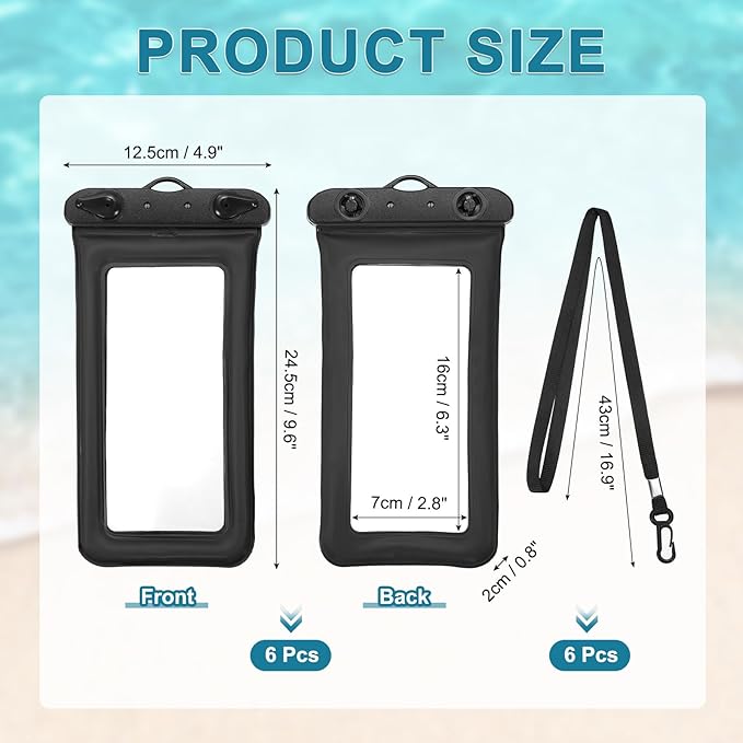 PATIKIL 6Pcs Waterproof Phone Pouch Floating No Sink Universal Cellphone Dry Bag Waterproof Phone Case for Kayaking Beach Swimming Hiking, Black