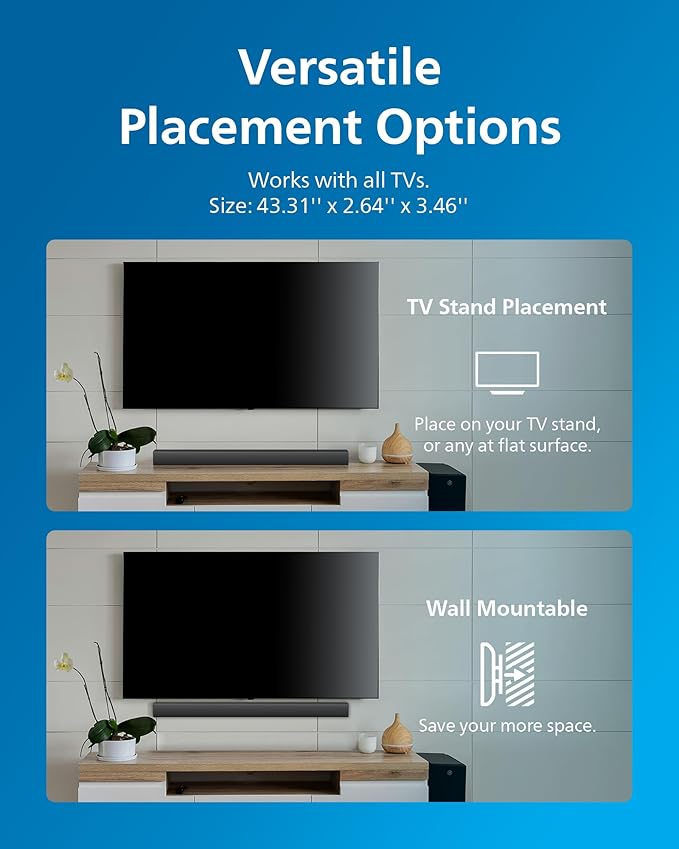 Philips B4208 2.0 Channel Bluetooth Soundbar - HDMI ARC, Roku TV Ready, 60W Max Power, Grey