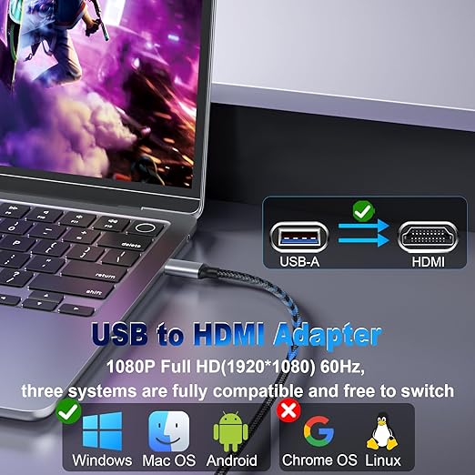 USB to HDMI Adapter Cable 10FT, 1080P 60Hz USB A 3.0 to HDMI Adapter for Monitor, TV, Projector, Compatible with Mac OS Windows 7/8/10/11 - Requires Driver Installation