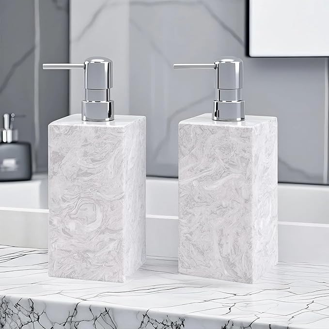 2 Set Real Natural Marble Soap Dispenser with Stainless Steel Pump – Decorative Liquid Hand Soap Bottle for Kitchen & Bathroom, Compatible with Lotion, Dish Soap & Shower Gel (Grey)