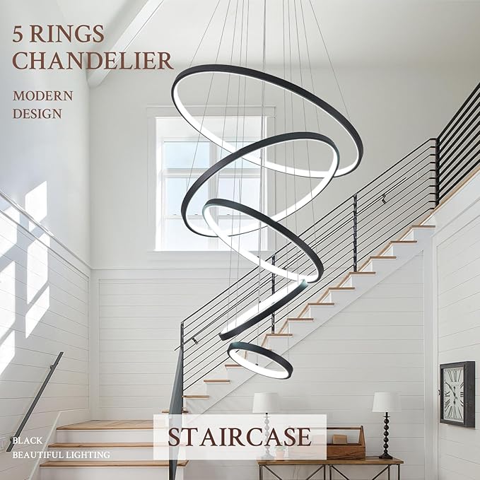 5 Ring Modern LED Chandelier Dimmable Black High Ceiling Chandeliers for Foyer, LED Contemporary Large Pendant Lighting with Remote Control Circular for Living Room Staircase, 3000K-6500K