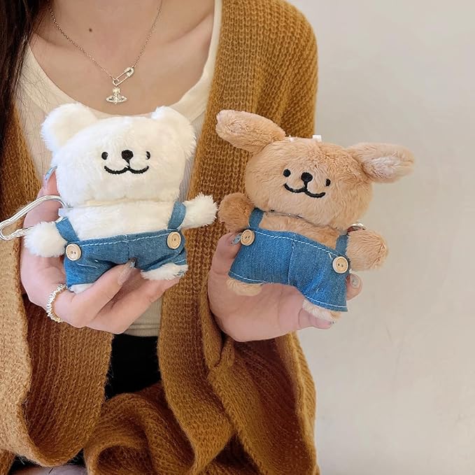 YAKVOOK Plush Case for AirPods 1&2,Kawaii Cute 3D Cartoon Fur White Puppy Wearing Overalls Funny for Airpods 2nd 1st Generation Cover with Keychain Protective Case Women Girls