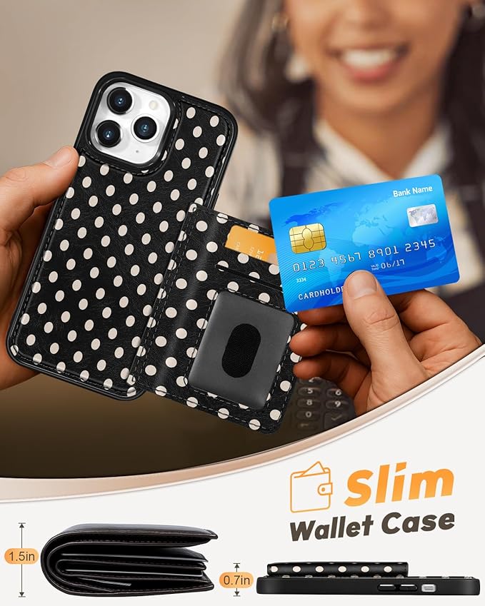 for iPhone 11 Pro Max Case with Wallet - Fits 4 Card Slots, Compatible with MagSafe for Women Aesthetic PU Leather Credit Card Holder Kickstand Phone Cover for Apple 11 Promax, Black Polka