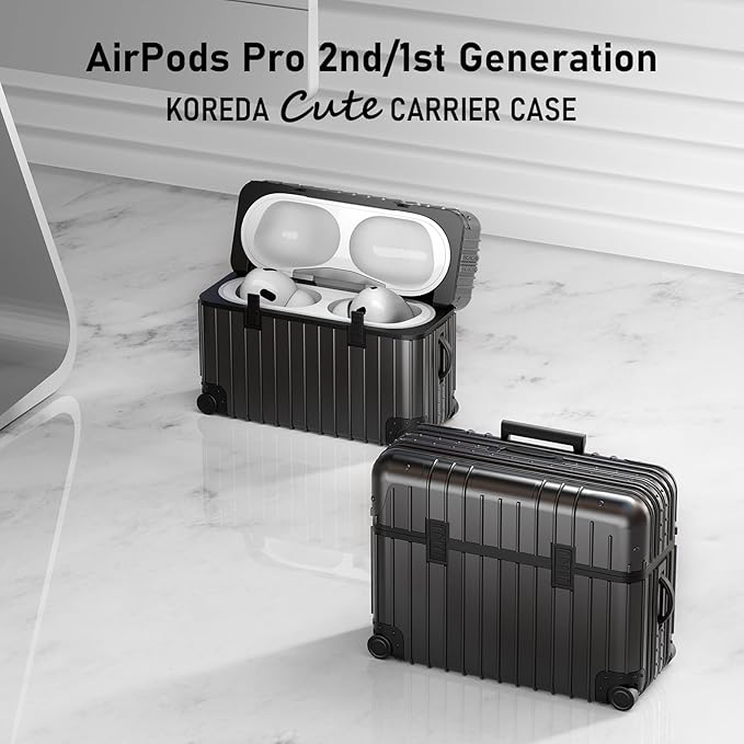 KOREDA Compatible with AirPods Pro 2nd/1st Generation Case Cover, Cute Funny Suitcase Design Case for Airpods Pro 2nd/1st Gen, Fashion Protective Hard Case for Women Men with Keychain (Black)