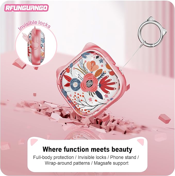 RFUNGUANGO AirPods 4 Case for Women Girly Cat Case with Lock, Phone Stand,Keychain & Cleaner Kit, Compatible with Apple Airpods 4th Generation Case Cover, Pink Flower