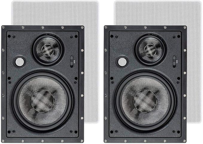 Monoprice 3-Way Carbon Fiber In Wall Speakers - 8-Inch, Pair, With Paintable Magnetic Grille, Black - Alpha Series