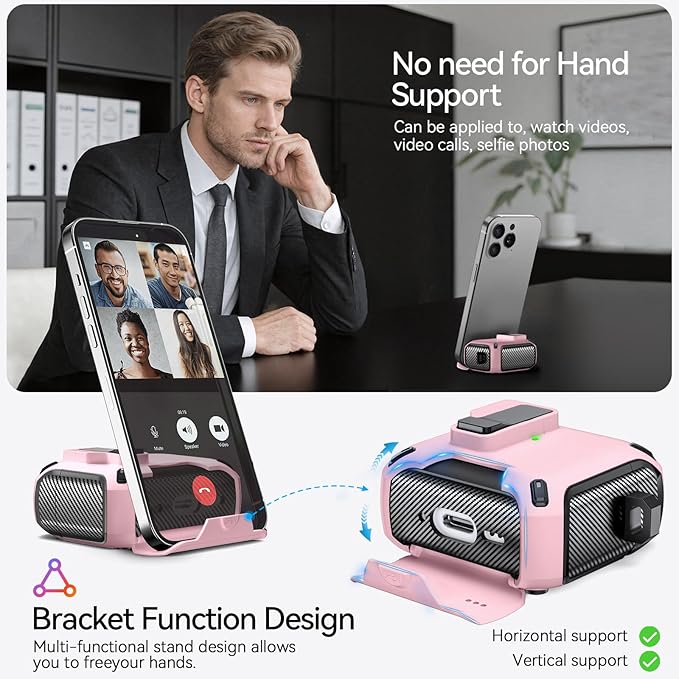 for AirPods 4 Case (2024) with Phone Stand,（with Automatic Snap Switch） Carbon Fiber Design Protection Cover with Cleaning Pen,Pink