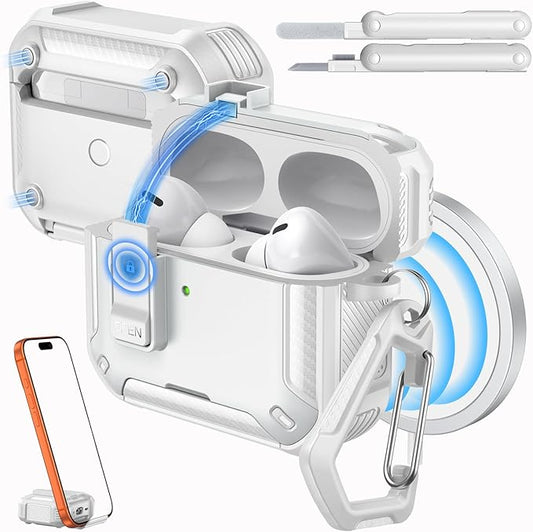 MoKo for AirPods Pro 2 Case with Lock - Compatible with MagSafe, Phone Stand & Auto Pop-up for AirPods Pro 2nd/1st Generation Case, Military-Grade Protective Cover with Cleaner Kit, White