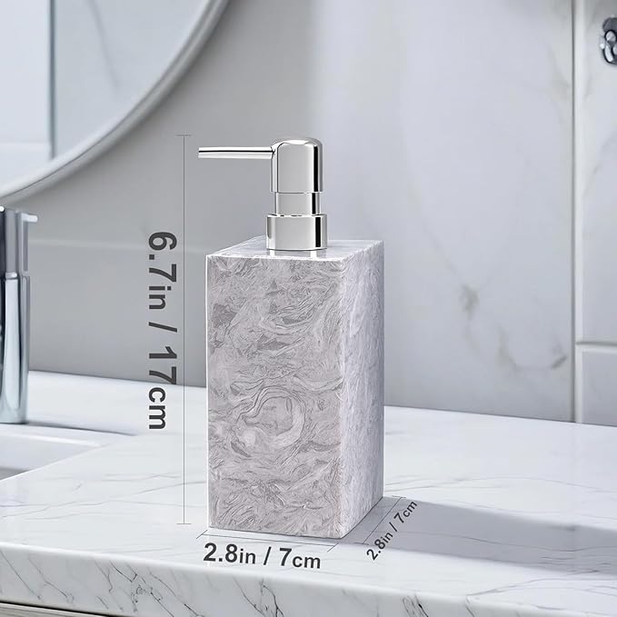 2 Set Real Natural Marble Soap Dispenser with Stainless Steel Pump – Decorative Liquid Hand Soap Bottle for Kitchen & Bathroom, Compatible with Lotion, Dish Soap & Shower Gel (Grey)