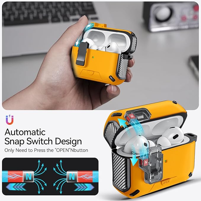 for AirPods Pro 2nd/1st Case (2023/2022/2019) with Phone Stand,（with Automatic Snap Switch） Carbon Fiber Design Protection Cover with Cleaning Pen,Yellow