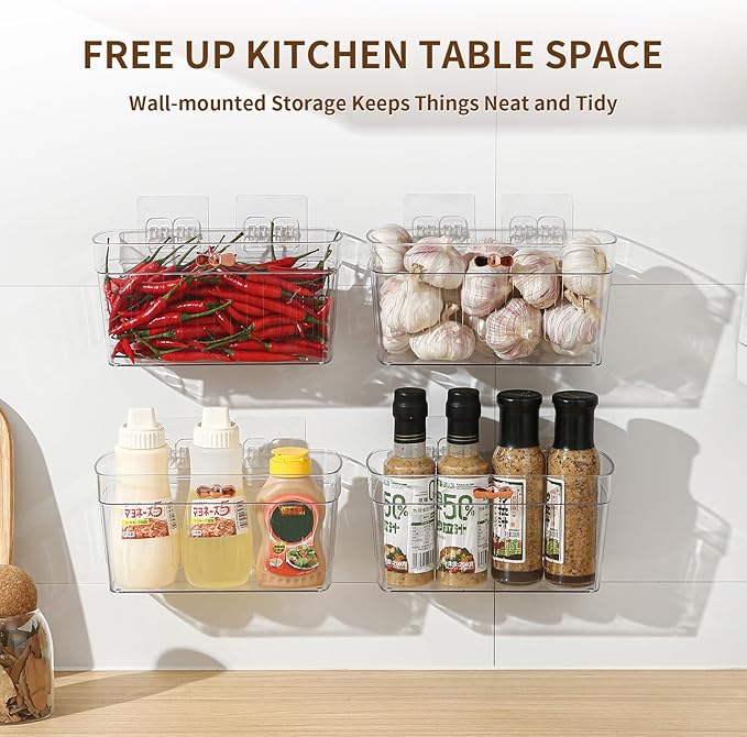 6 Pack Adhesive Cabinet Door Organizer, Compact Kitchen Under Sink Caddy, Plastic Bathroom Countertop Organizer Bins, Clear Pantry Storage Basket, Under Cabinet Seasoning Spice Rack