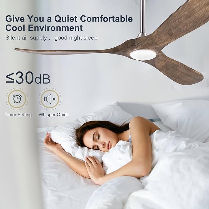 60 Inch Ceiling Fan with Lights and Remote, 3 Wood Fan Blades Ceiling Fan with Quiet Reversible DC Motor Indoor Outdoor for Patios Living Room Bedroom Study