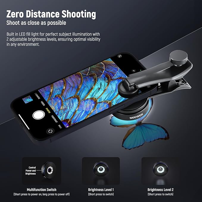 NEEWER 45X Mini Pocket Microscope Lens with 17mm Thread Phone Lens Clip, 2 Brightness LED Light, Microscopic World Observation, USB C Cable, Compatible with iPhone Samsung, LS-32 PRO
