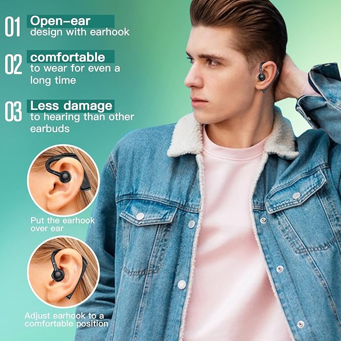 Open Ear Headphones Bluetooth Single Bone Conduction Wireless Earbuds with Earhooks Microphone Earphones Waterproof Long Battery Life Earpiece for Workout Sports Running Android iOS Non Ear Plug Green