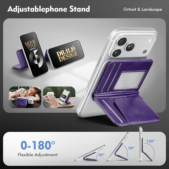 Antsturdy for Magsafe Wallet Stand with Holder,PU Leather RFID Blocking Card Holder,5 Card Slots,Strong Magnet Minimalist Flip Folio Kickstand for iPhone 17/16/15/14/13/12/Pro/Max/Plus/Air,Purple