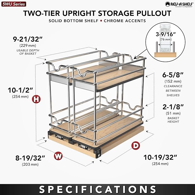 Rev-A-Shelf 2-Tier Double-Wide Pullout Kitchen Cabinet Organizer and Upright Storage for 9" and Larger Wall Cabinets with 9" W Opening, 5WU2-9W2-1