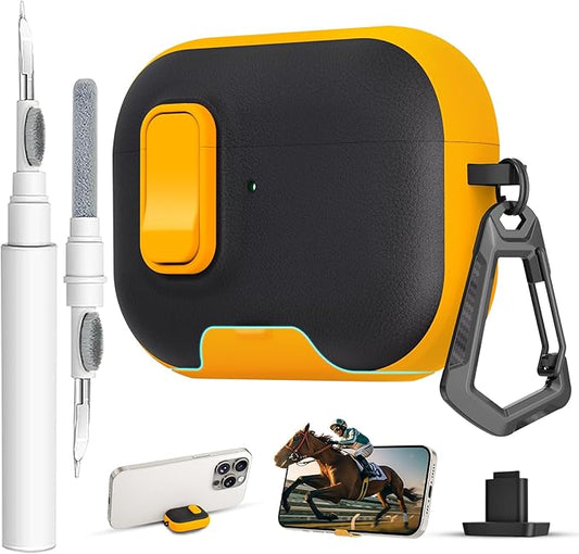 for AirPods Pro 3 Case with Lock,TPU Leather Texture Durability Anti-Lost & Shockproof Protective Cover Accessories with Cleaning Kit in Keychain for Apple AirPod Pro 3 Generation 2025(Yellow/Black)