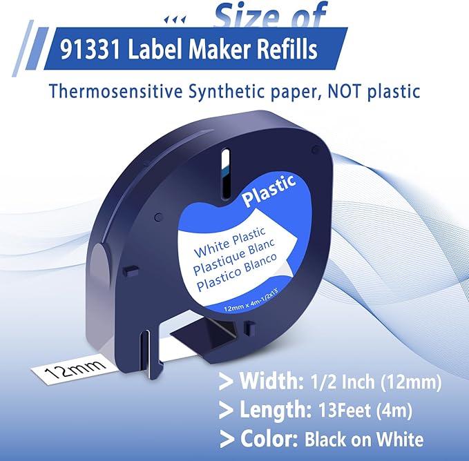 10 Pack Compatible for Dymo LetraTag Label Maker Refills 91331 Plastic White Tape 1/2'' 12mm x 4m for Letra Tag Label Maker 200B LT100H LT100T QX50