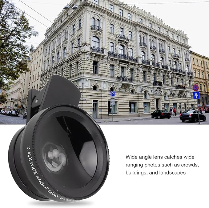 Phone Camera Lens Kit, 2 in 1 with 0.45X Ultra Wide Angle and 12.5X Macro Lens, HD Professional Universal Clip, with Travel Case, for Most Smartphones and Tablets, Black