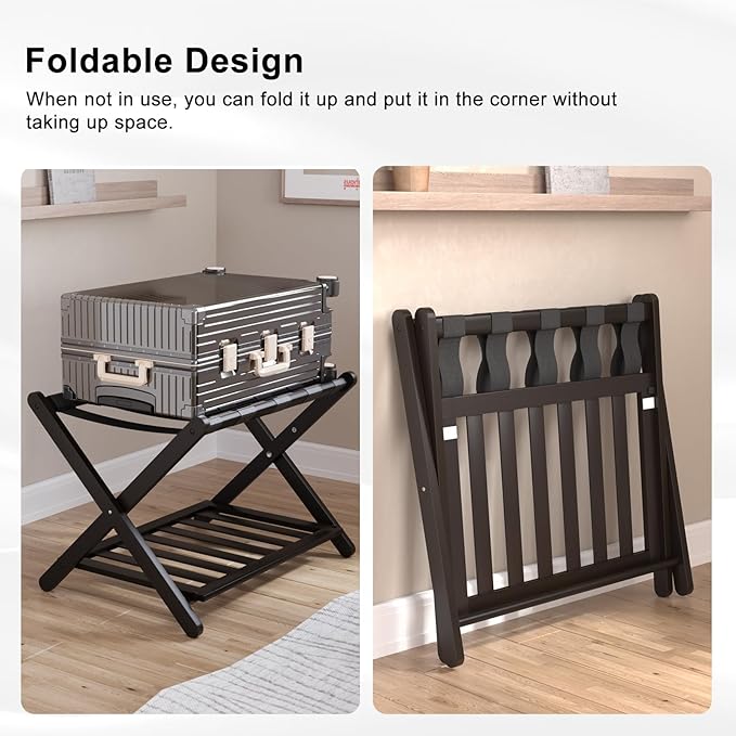 Smuxee Fully Assembled Luggage Rack for Guest Room, Upgraded Bamboo Foldable Suitcase Stand with 5 Nylon Straps, Luggage Holder with Shelf for Bedroom Hotel