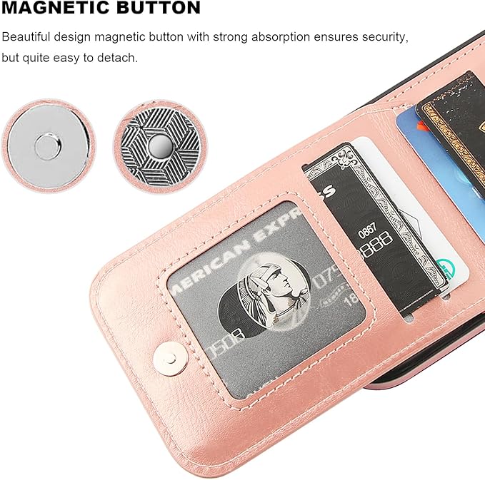 KIHUWEY Compatible with iPhone 16 Case Wallet with Credit Card Holder, Flip Premium Leather Magnetic Clasp Kickstand Heavy Duty Protective Cover for iPhone 16 6.1 Inch (Rose Gold)