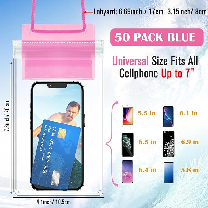 Flutesan 50 Pack Clear Waterproof Phone Pouch Universal Waterproof Phone Case Waterproof Pouch Dry Bag with Lanyard for Water Games Protect(Transparent and Pink)