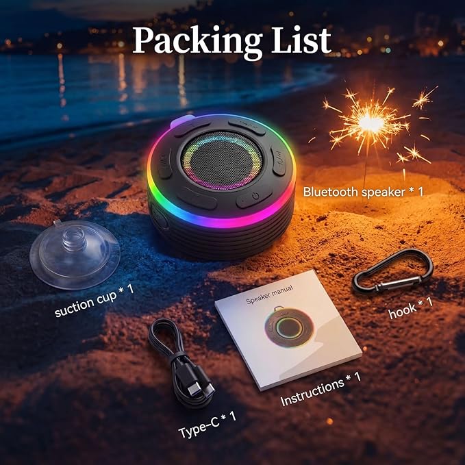 Portable Bluetooth Speaker with vibrant led lights, IPX6 Waterproof, Loud Stereo Sound,Hands-Free Calling/Radio, for Shower, Beach, Outdoors, Over 10 H Playtime, Mini/Small, Suction Cup & Hook