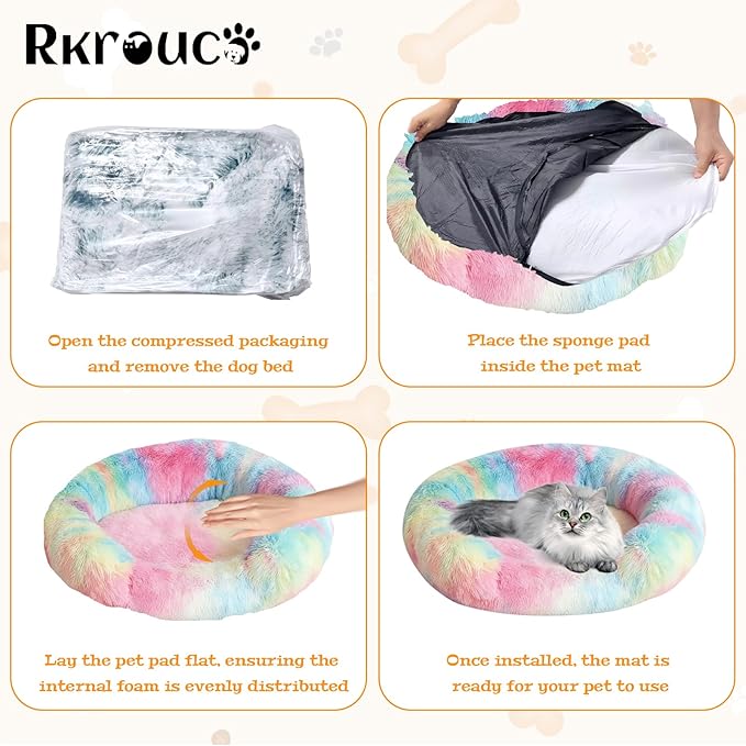 Fluffy Dog Bed Calming Donut Beds for Large Dogs Warming Round Small Medium Pet Nest Cozy Cat Mattress Indoor Washable Puppy Kennel Kittens Sleep Mat (L, 35.4×35.4 inch, Rainbow)